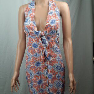 Anthropologie Maeve Orange Blue  Festival Halter Dress XL NWT 140 FREE NECKLACE